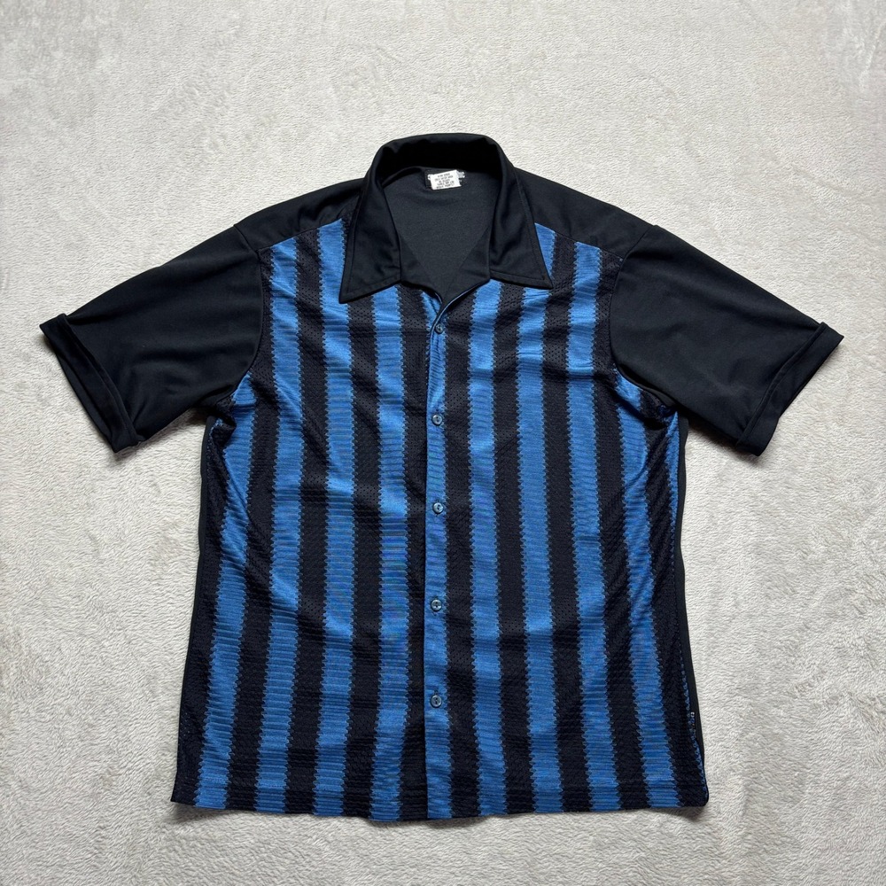 BC Ethic Three Star Knits Mens M Blue Black Striped Button Up Bowling Shirt USA